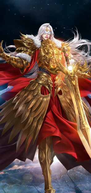 A fierce warrior in detailed golden armor holds a glowing sword in League Of Angels Wallpapers, HD Mobile Wallpaper