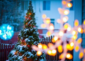 Snow covered tree decorated with colorful fairy lights in a winter garden