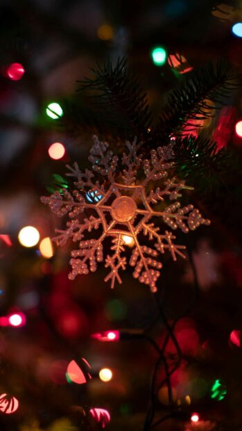 A detailed snowflake ornament illuminated by fairy lights on a Christmas tree branch