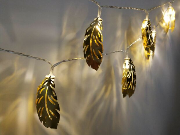 Golden feather fairy lights creating warm glowing decorations on wall
