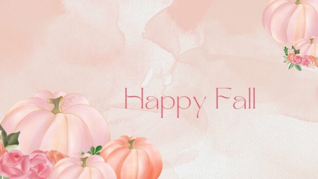 A pretty arrangement of pink pumpkins and flowers on a watercolor background for a happy Fall background