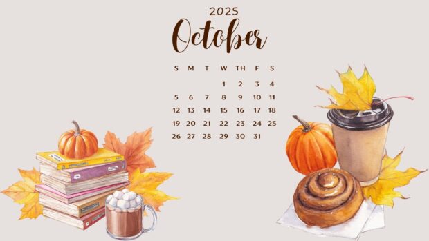 An October calendar with watercolor illustrations of books and treats for Fall 2025