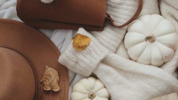 A cozy flat lay of a sweater, hat, and white pumpkins for a stylish Fall 2025