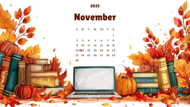 A beautiful illustration of a November calendar with books and pumpkins for Fall 2025