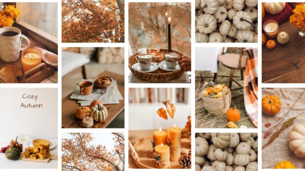 A cozy photo collage with pumpkins, candles, and warm drinks captures the essence of Fall 2025