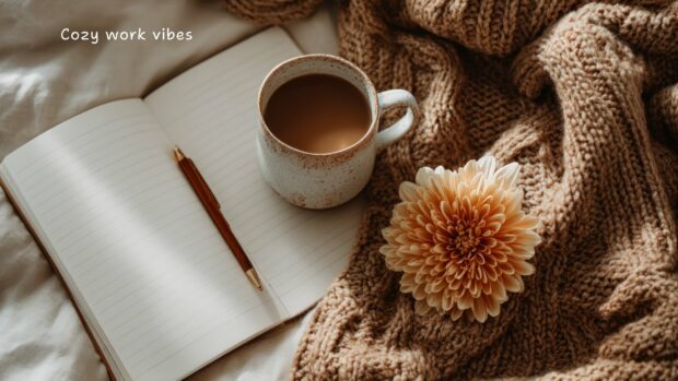 A cozy work vibe scene with a coffee mug and an open notebook for Fall 2025