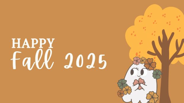 A cute ghost stands by an autumn tree to wish everyone a Happy Fall 2025
