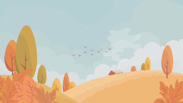 A serene illustrated landscape with rolling hills and a distant barn captures the beauty of Fall