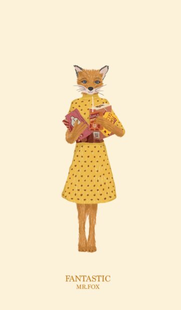 A fox character wearing a yellow dress holding snacks and a juice box in a minimalist style