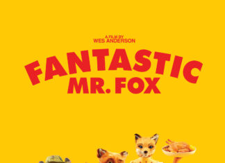The Fantastic Mr Fox characters sitting and posing on a red rug with a yellow background
