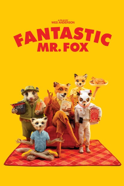 The Fantastic Mr Fox characters sitting and posing on a red rug with a yellow background