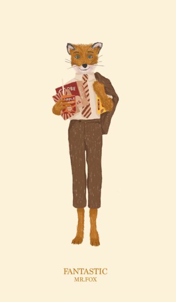 A fox character wearing a suit holding food and drink in a hand drawn style