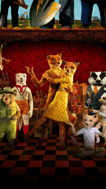 Anthropomorphic foxes and other animals in vintage clothes celebrating together in a colorful room