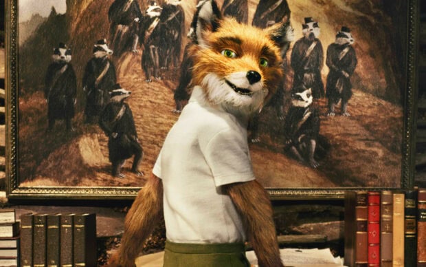 Fantastic Mr Fox character standing in front of a painting with badgers in a detailed vintage room