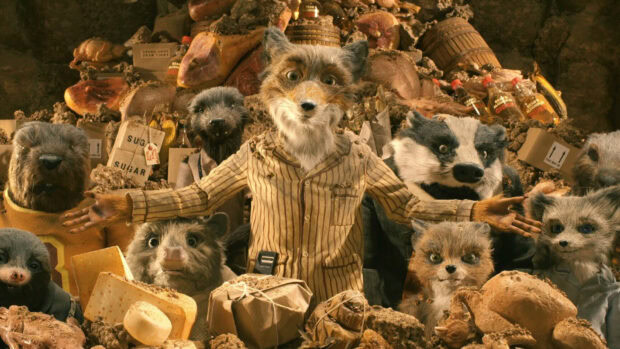 Fantastic Mr Fox character surrounded by friends and food in a detailed scene