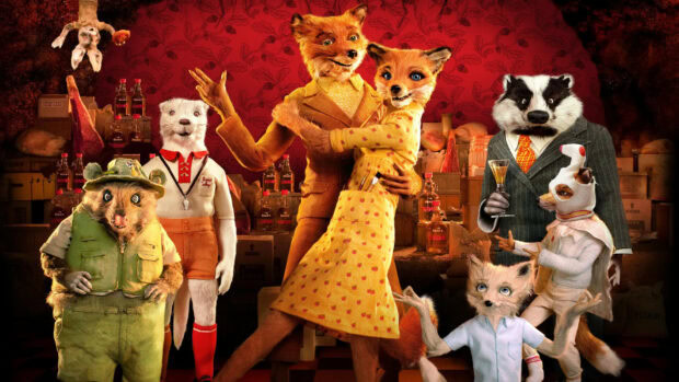 Fantastic Mr Fox characters dancing and posing together in a detailed setting