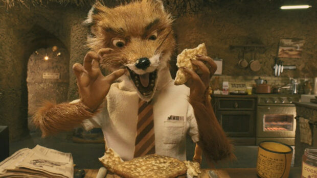 Fantastic Mr Fox enjoying a meal in a rustic kitchen setting