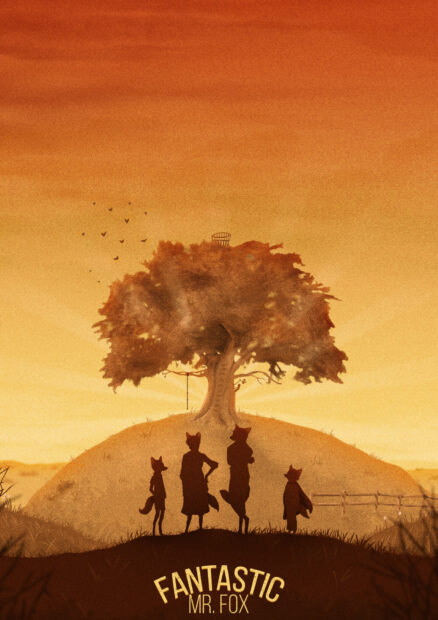 Silhouettes of Fantastic Mr Fox characters standing under a large tree on a hill at sunset