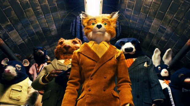 The Fantastic Mr Fox character stands confidently with his friends in a detailed underground setting