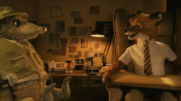 A fox and a badger having a conversation in a detailed room scene from Fantastic Mr Fox