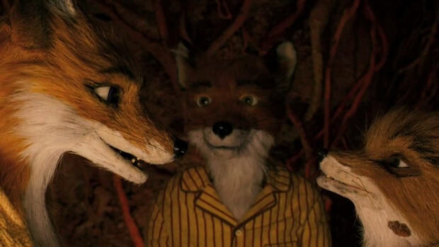 The Fantastic Mr Fox character surrounded by two other foxes in a detailed scene