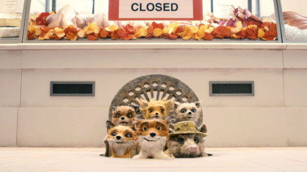 The Fantastic Mr Fox characters peeking out from a hole in front of a closed shop sign