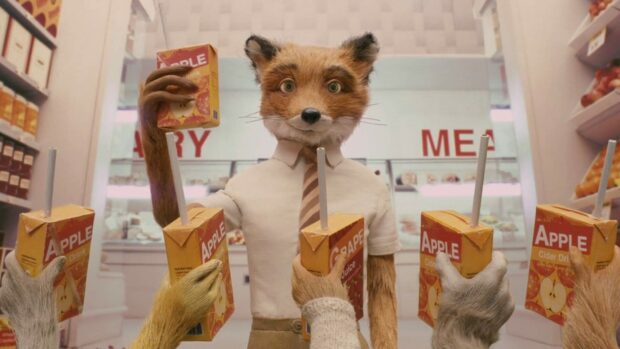 The fox character from Fantastic Mr Fox holding a juice box in a store setting