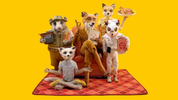 The main Fantastic Mr Fox characters posing on a red carpet with a yellow background in a detailed scene