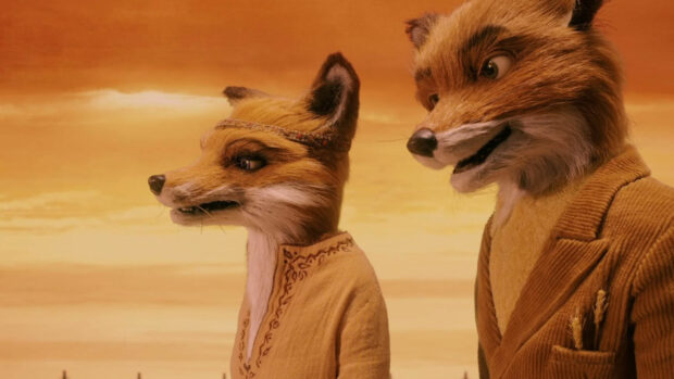 Two characters from Fantastic Mr Fox in detailed clothing at sunset