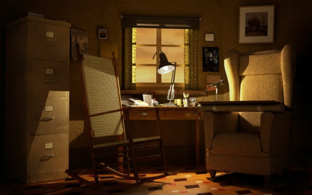 Vintage office room with rocking chair and wooden desk in Fantastic Mr Fox
