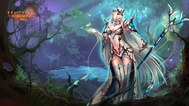 A fantasy elf sorceress is casting magic with glowing effects in a mystical forest setting from League Of Angels Wallpapers, HD Desktop Wallpaper