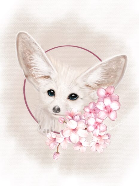A fennec fox with large ears surrounded by pink cherry blossoms in a soft artistic style