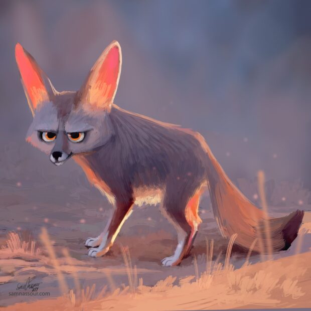 A digital painting of a fennec fox standing in a desert like environment with large ears and orange lighting