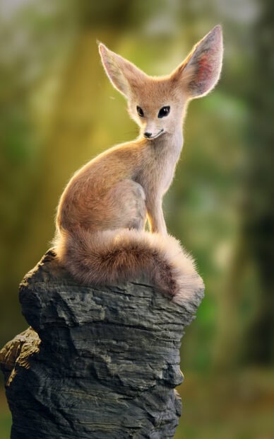 A fennec fox sitting on a rock with large ears and soft fur in natural light
