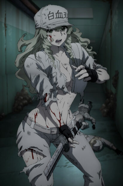 A determined character from Cells At Work Code Black is shown injured and holding a sword in a dark corridor, 2K Mobile Wallpaper