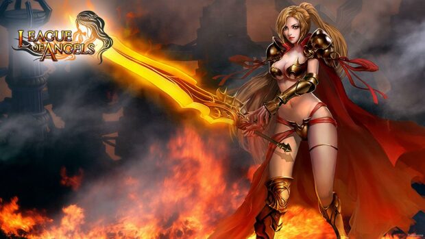 A fiery angel warrior holding a glowing sword stands amid flames and ruins in League Of Angels, HD Desktop Wallpaper