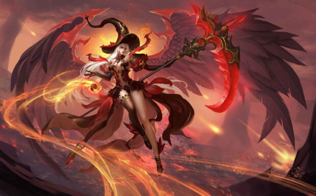 A fiery sorceress with dark wings wields a glowing red scythe in an intense battle scene of League Of Angels, 2K Desktop Wallpaper