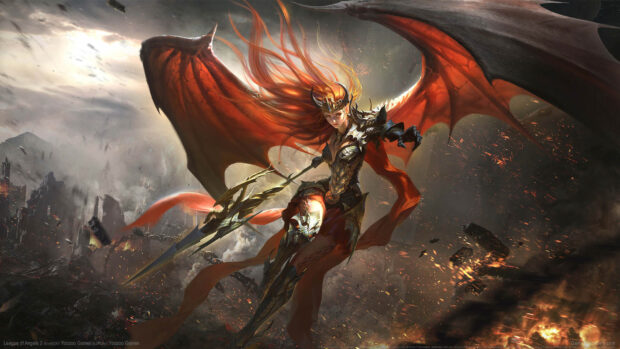A fierce warrior angel with red wings battles in a fiery war zone in League Of Angels, HD Desktop Wallpaper
