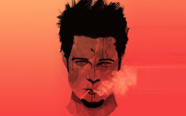 The image shows a stylized portrait of a man smoking with a vivid red background featuring Fight Club themes, 2K Desktop Wallpaper