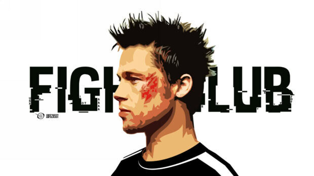 A Fight Club character with a bruised face is shown in a digital art style, HD Desktop Wallpaper