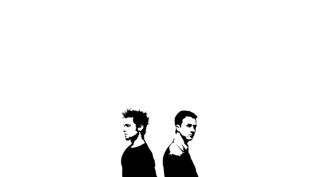 The image shows two men standing back to back in a black and white style related to Fight Club wallpapers