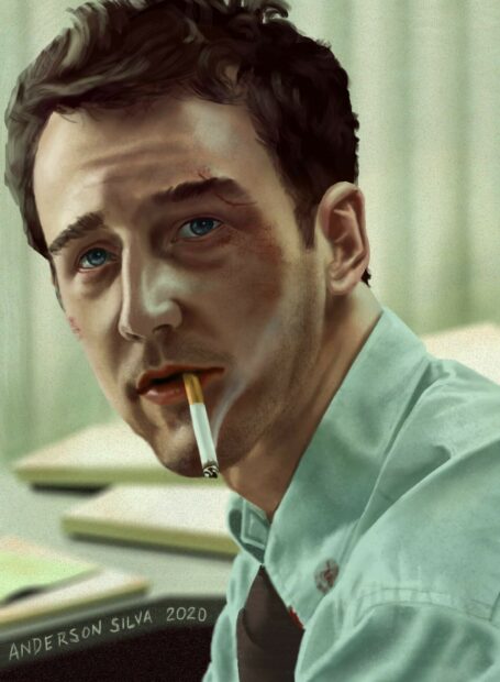 A close up of a bruised man smoking a cigarette in a shirt and tie from Fight Club wallpapers, HD Mobile Wallpaper