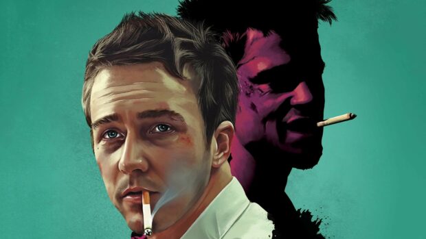 A detailed illustration shows two men smoking cigarettes with contrasting shadows, HD Desktop Wallpaper