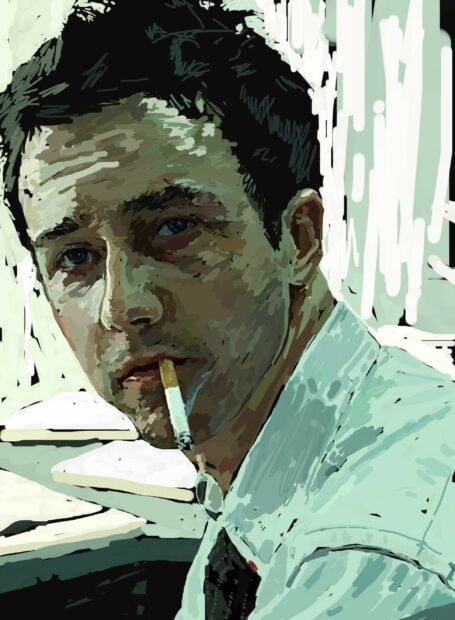 A man with a cigarette in his mouth in a digital painting style related to Fight Club, 2K Mobile Wallpaper