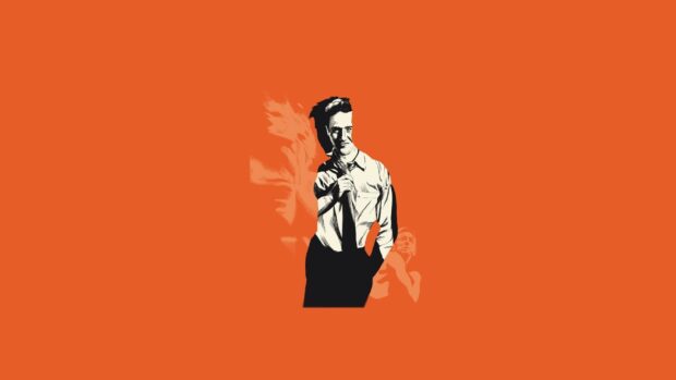 A stylized man holding a microphone stands against an orange background representing Fight Club Desktop Wallpaper