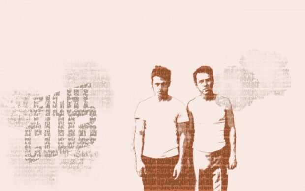 The image features two main characters from Fight Club with text pattern overlay, HD Desktop Wallpaper