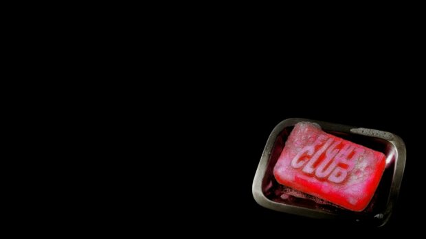 A pink soap bar with the Fight Club logo resting in a metal tray with bubbles, HD Desktop Wallpaper