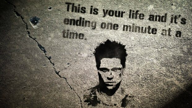 The Fight Club Wallpapers features a street art portrait and quote on a cracked wall, HD Desktop Wallpaper