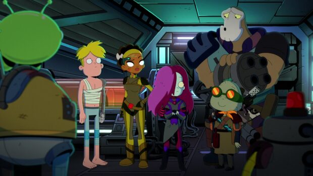 The Final Space characters stand together in a spaceship hallway, Final Space Wallpapers, HD Desktop Wallpaper
