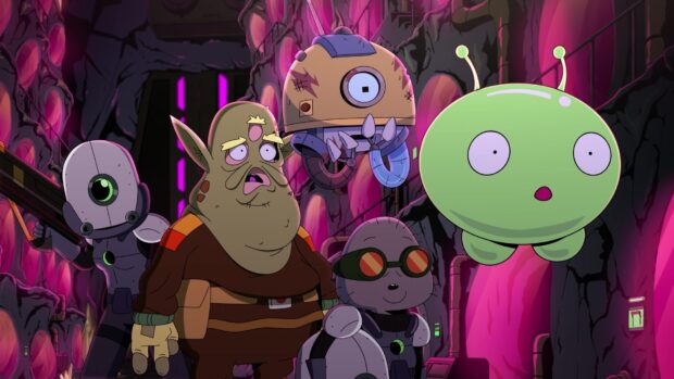 The Final Space characters are exploring a glowing alien cave, HD Desktop Wallpaper